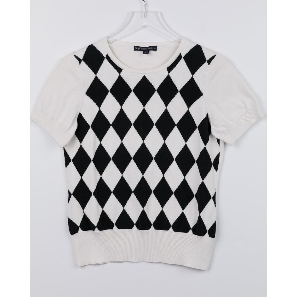 Brooks Brothers 346 Women's Black White Checkered Short Sleeve Sweater Size M